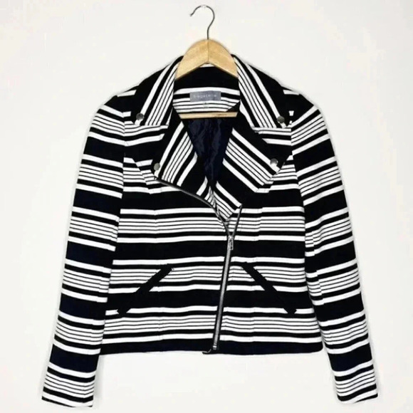 Bagatelle Black White Stripe Moto Zipper Jacket Coat Size Small - Picture 1 of 7